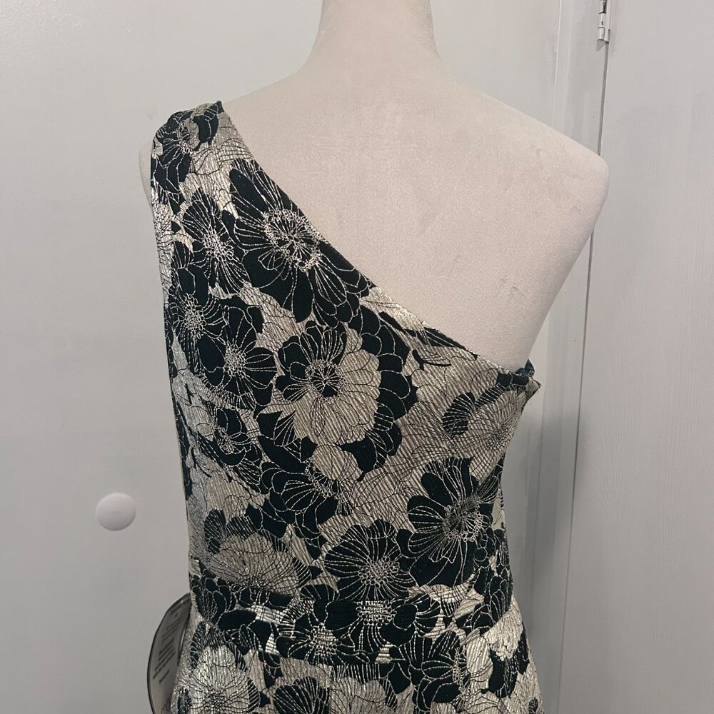 Gwen" Betsy&Adam Long One Shoulder Foil Flower Dress - Picture 3 of 8